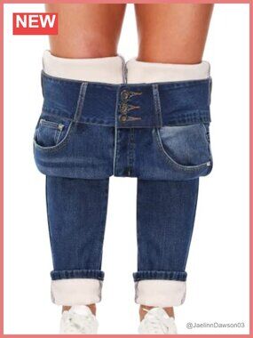 Fleece Lined Jeans Women Thick Thermal Flannel High Waist Winter Warm